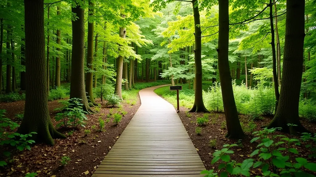 Clear forest trail with wooden steps and directional markers