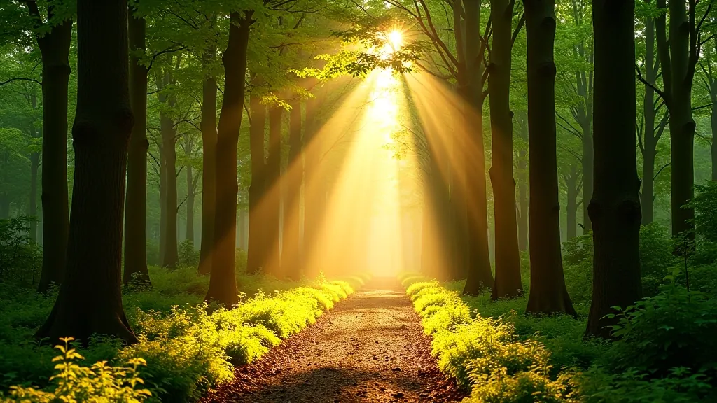 Sunlit forest path lined with mature trees at Avondale Forest Park