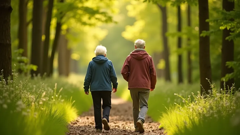 Two older adults walking on a woodland path, forest bathing activity